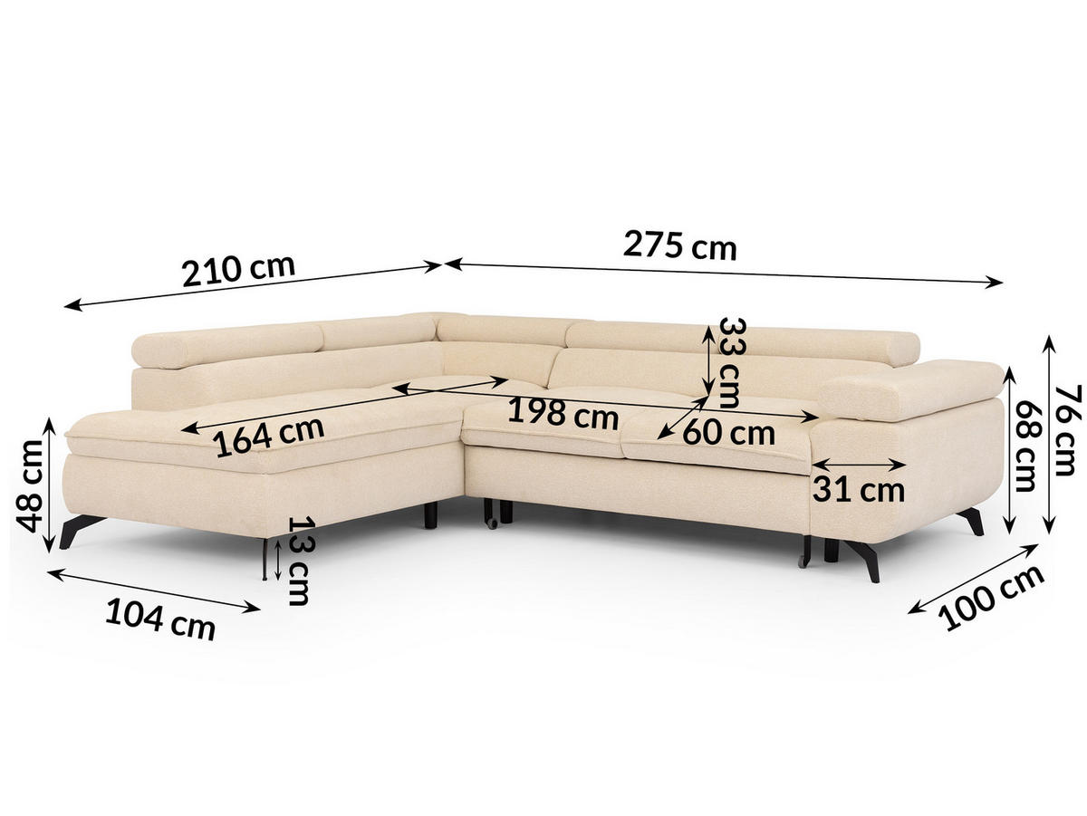 ECKSOFA mit Schlaffunktion und Bettkasten Bonnie aus Hellbeige Chenille-Stoff mit verstellbaren Kopfstützen und Armlehne - Ottomane links - Beige/Schwarz, Holz/Textil (275/210cm) - S-Style Möbel