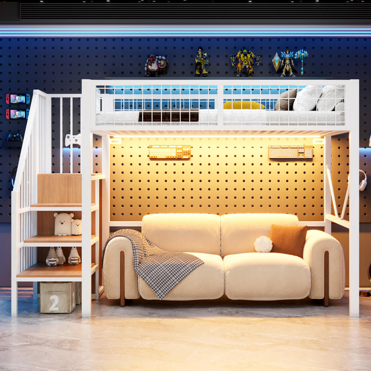 HOCHBETT aus Metall und Holz 90x200 cm Weiß mit Stauraumleiter und LED-Beleuchtung - Weiß, Metall (90/200cm) - Modfu