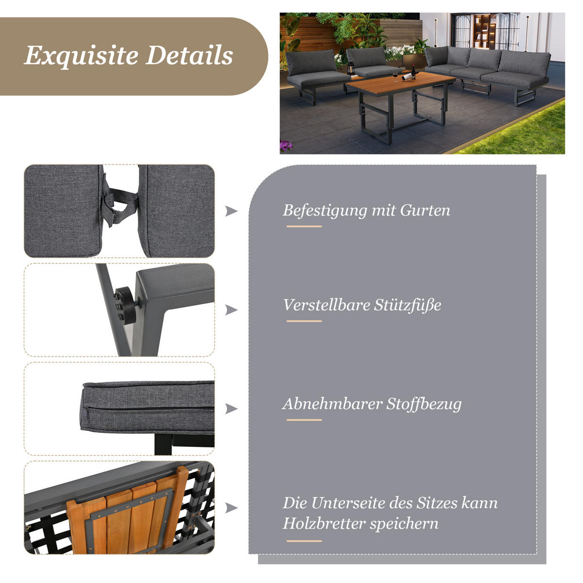 LOUNGE-SET 186/64/76 cm grau aus Eisen mit Akazienholz, verstellbar - Grau, Metall - OKWISH