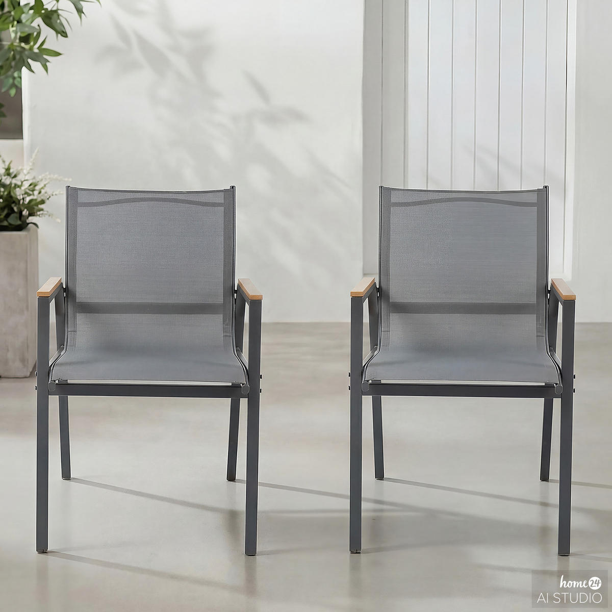 GARTENSTUHL - 2er-Set - Stahl / Olefin - Anthrazit, Textil/Metall (57/91/64cm) - home24