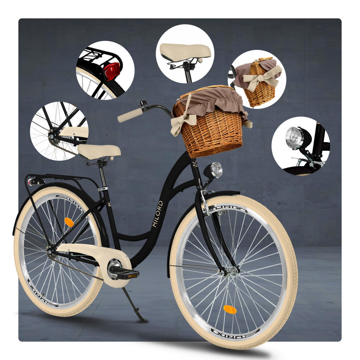 CITY-FAHRRAD Milord mit Weidenkorb, 28 Zoll, Schwarz-Creme, 1-Gang - Creme/Schwarz, Metall (46cm) - Milordbikes