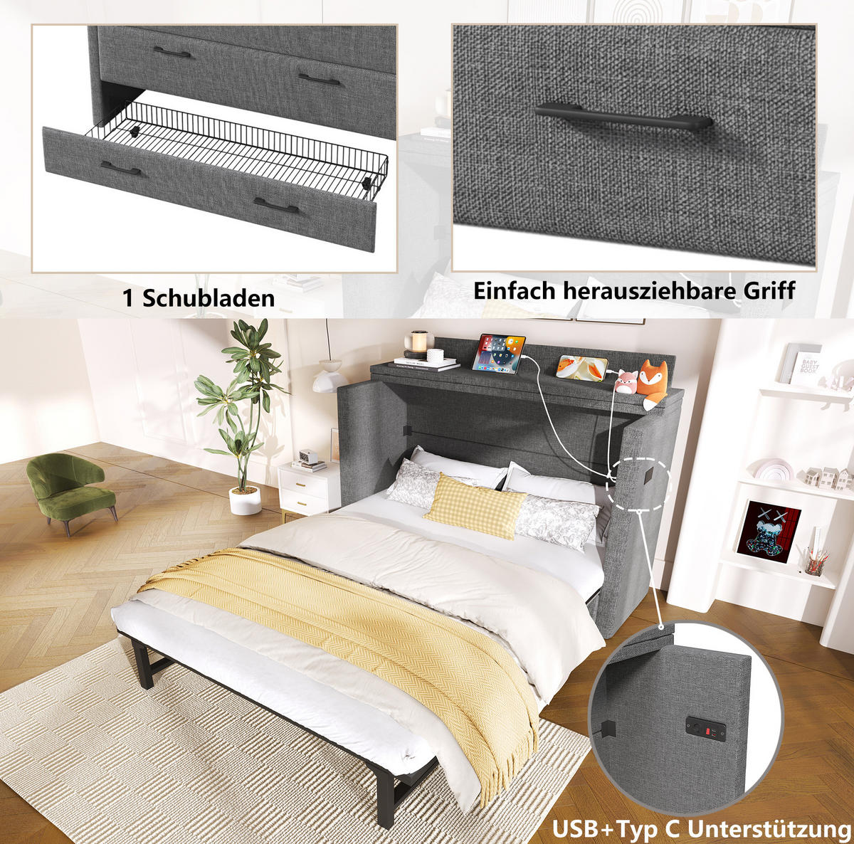 BETT 140/200 cm in Grau – Schrankbett mit Schublade und USB/Typ-C - Grau, Textil (140/200cm) - BEAOK