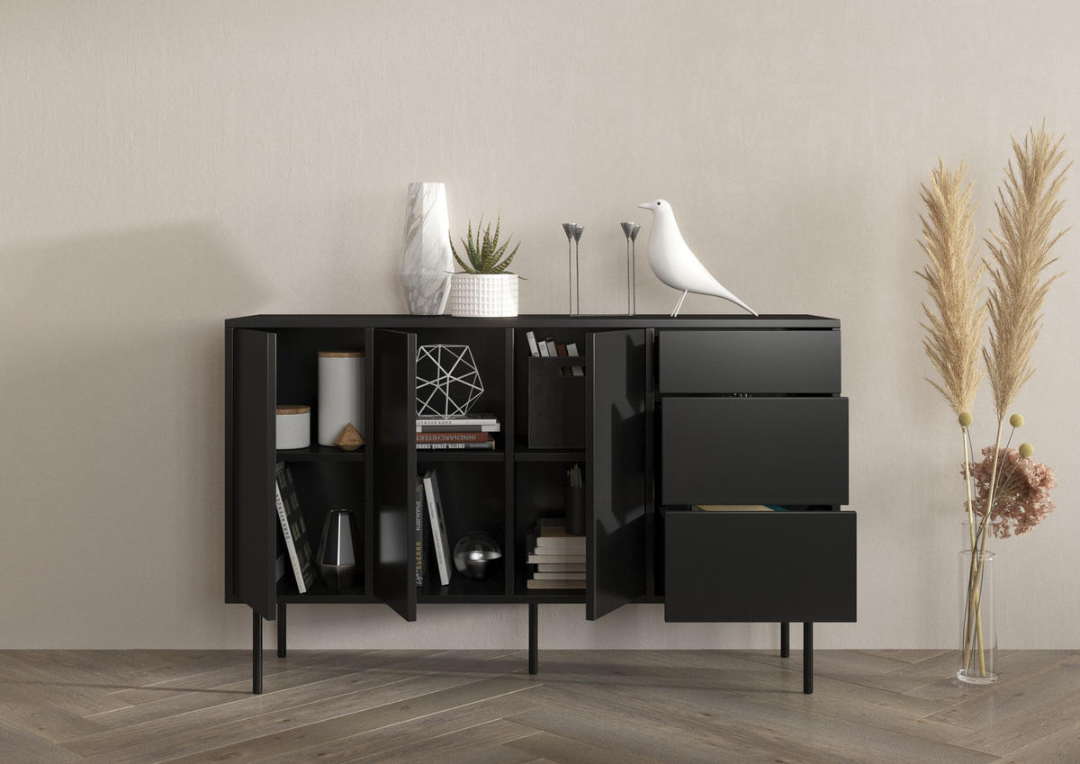 SIDEBOARD Mirka, Schwarz, Push to Open System, Minimalistisch - Schwarz, Holzwerkstoff/Metall (130/80/40cm) - Dancan