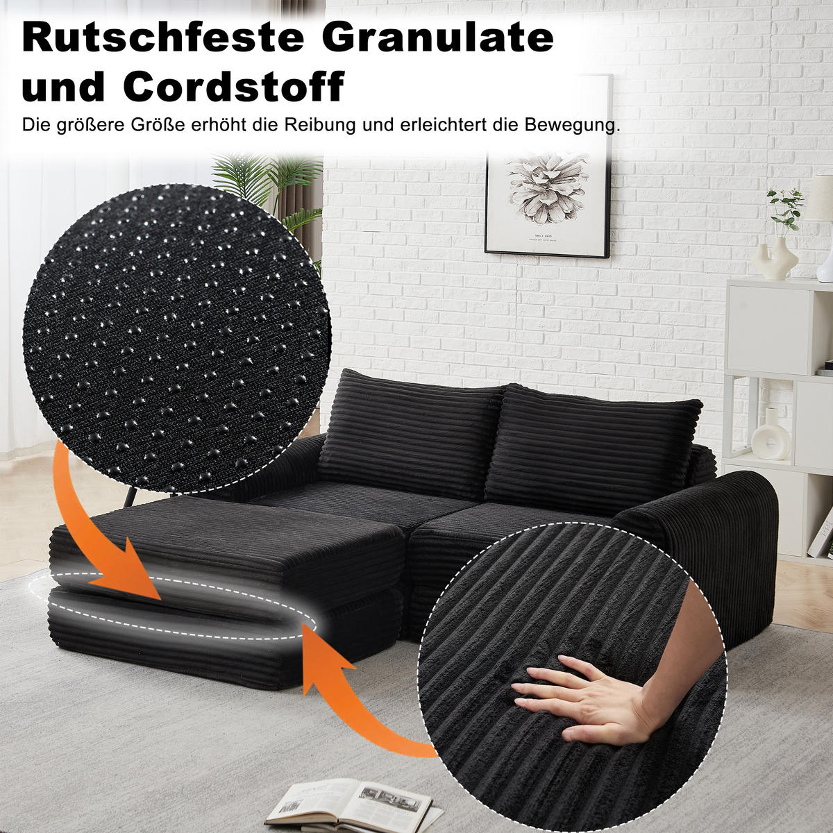SCHLAFSOFA, Cord mit modularer Fußstütze, als Sofa & Bett, 243/194/53 cm, Schwarz - Schwarz, Textil (243/53/194cm) - Redom