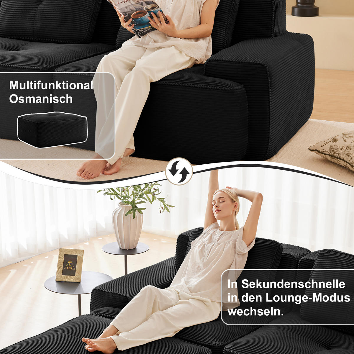 3-SITZER Sofa 293×177×69 cm Cordstoff knochenlos modular mit 3 Hockern, schwarz - Schwarz, Textil (177/69/293cm)