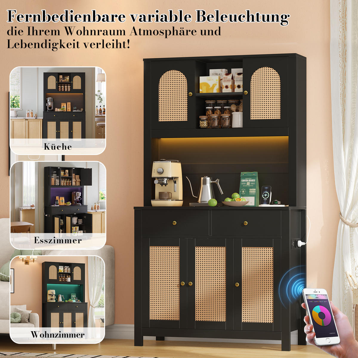 BUFFET DE-38637 100/40/180 cm LED-Beleuchtung und 5 Rattantüren Schwarz - Schwarz, Holzwerkstoff (100/180/40cm) - ComfortXL