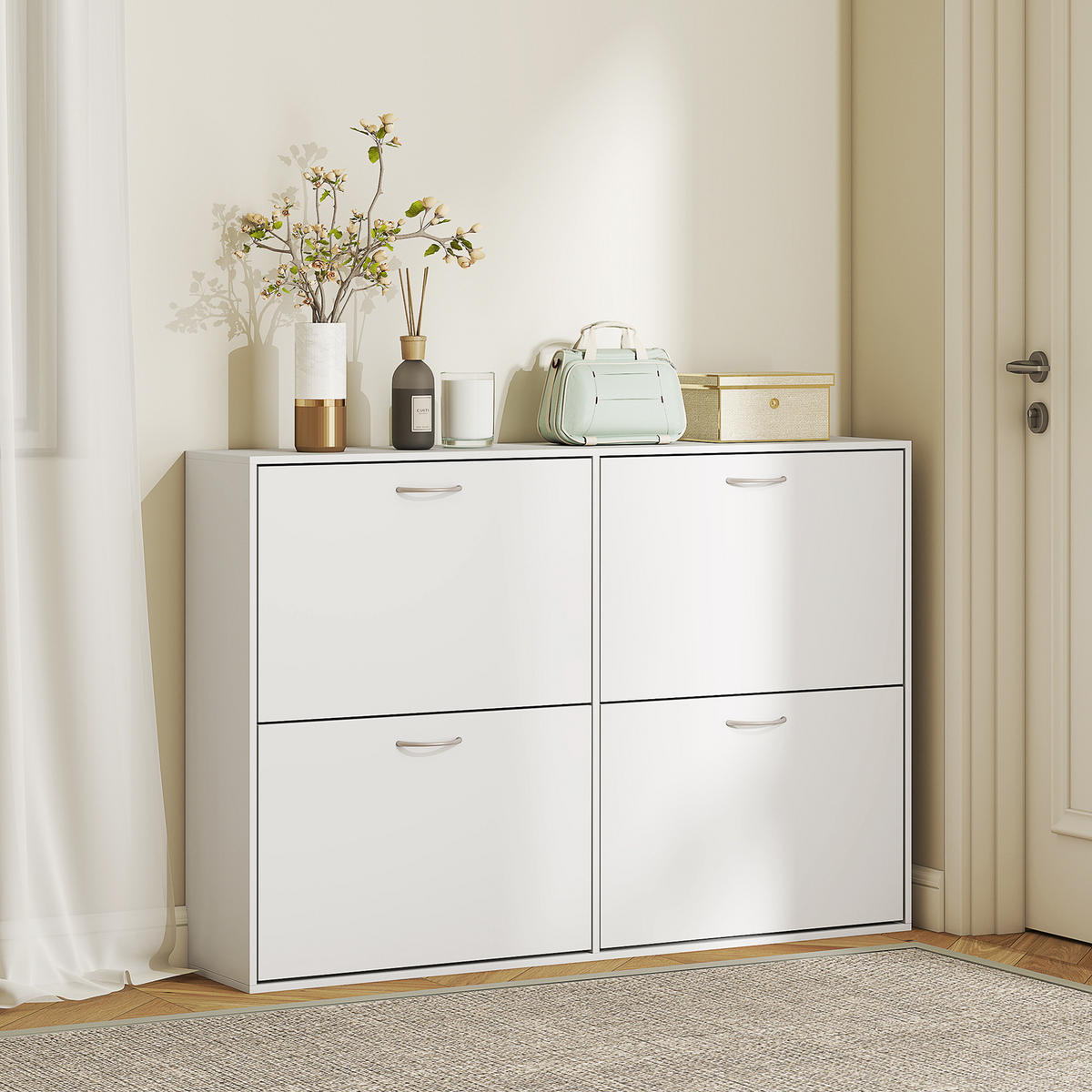 SCHUHSCHRANK DE-14966 4 Klapptüren mit Doppelböden Weiß - Weiß, Holzwerkstoff (120/81/24cm) - ComfortXL