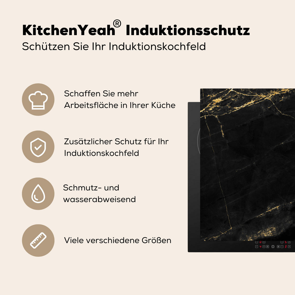 HERDABDECKPLATTE Marmor - Schwarz - Gold - Chic - Marmoroptik - Design Induktionsmatte 78x78 cm - Schwarz, Kunststoff (78/78/0.2cm) - MuchoWow