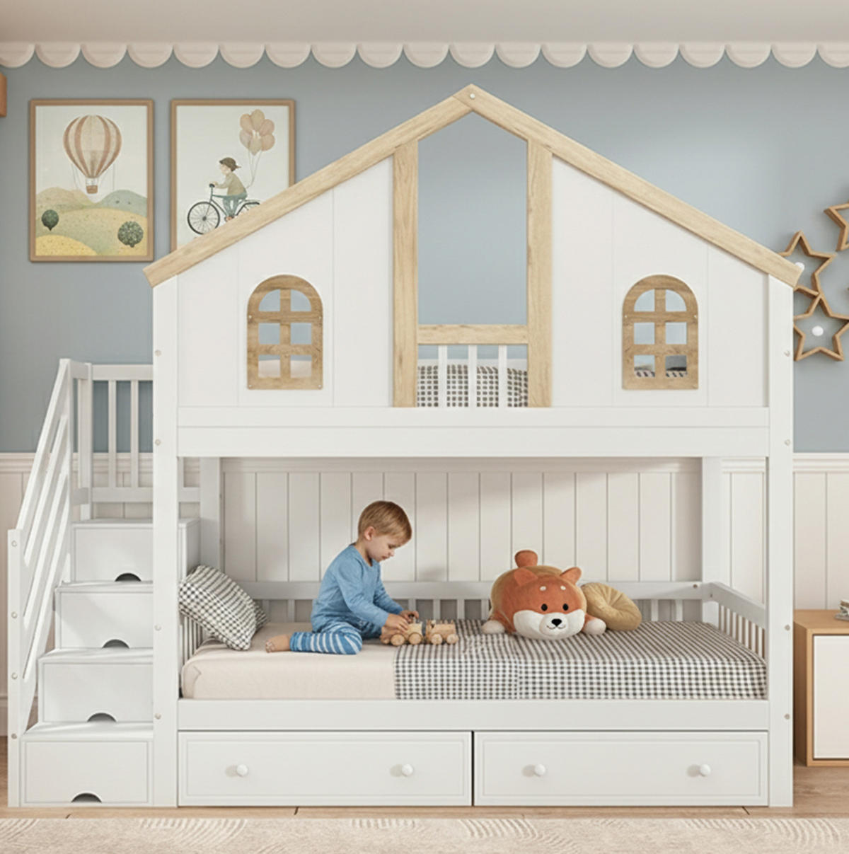 ETAGENBETT 90/200 cm mit Stauraumtreppe, 2 Schubladen, Fenstern und Fallschutz aus Kiefer massiv und MDF, Weiß/Natur - Weiß, Holzwerkstoff (90/200cm) - Redom