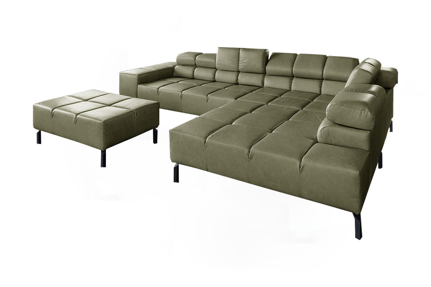 ECKSOFA NELSON Grün Leder Relaxfunktion - Schwarz/Olivgrün, Leder/Metall (321/216cm) - KAWOLA