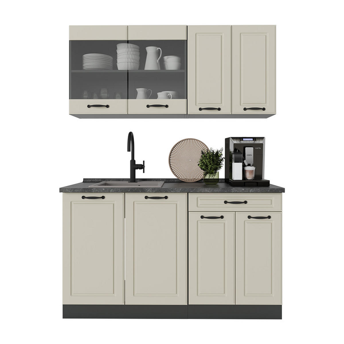 SINGLEKÜCHE R-Line, Sand Landhaus/Anthrazit, 140 cm Arbeitsplatte Anthrazit - Beige/Anthrazit, Holzwerkstoff (140/81.6/60cm) - Vicco