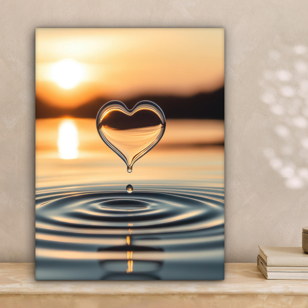 LEINWANDBILD - Herz - Wasser - Sonnenuntergang - Natur - Zen - 30x40 - Bilder - Bernsteinfarben, Textil (30/40cm) - MuchoWow