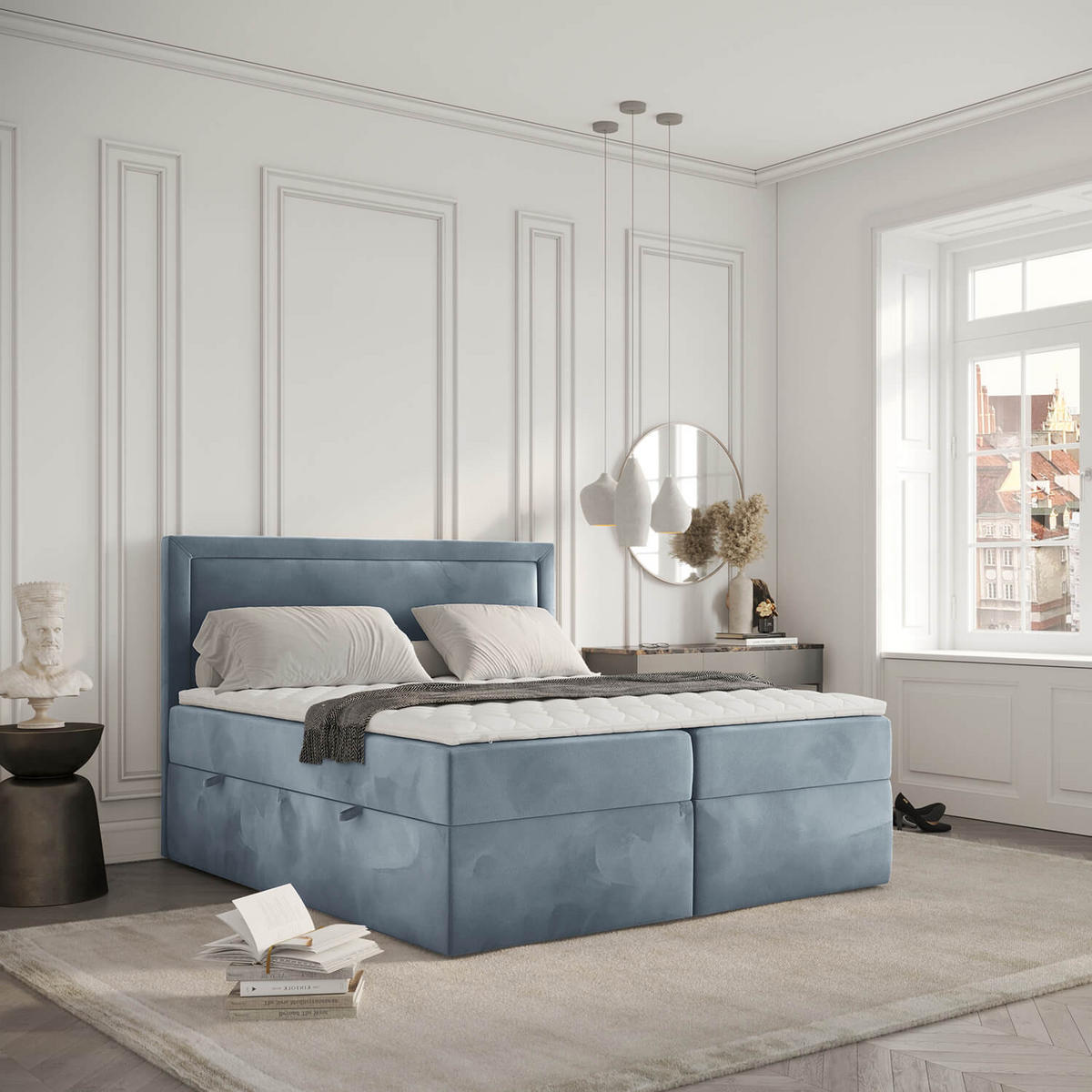 BOXBETT Jodan 120/200 cm Blau grau im Magic Velvet Stoff - Blaugrau/Schwarz, Holz/Holzwerkstoff (120/200cm) - AltaBeds