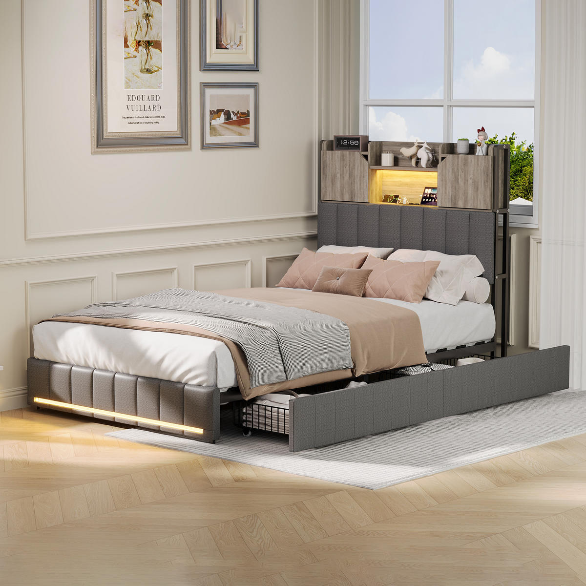 POLSTERBETT 90x200 cm in Grau mit Schubladen,Stauraum Kopfteil & LED - Grau, Holz/Metall (90/200cm) - PARAFTA HOME