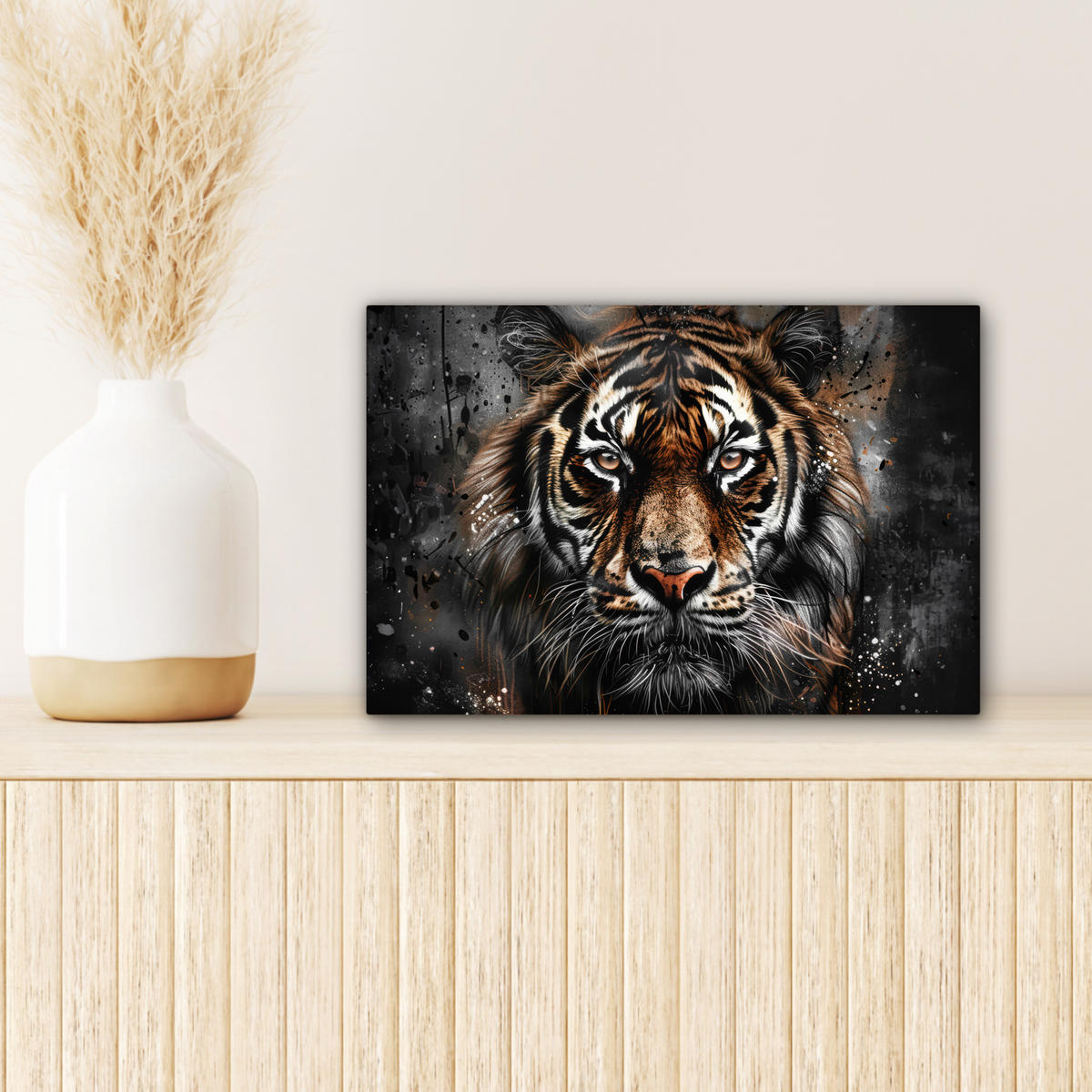 LEINWANDBILD Tiger - Tiere - Porträt - Luxus - Schwarz 30x20 cm - Anthrazit, Textil (30/20cm) - MuchoWow
