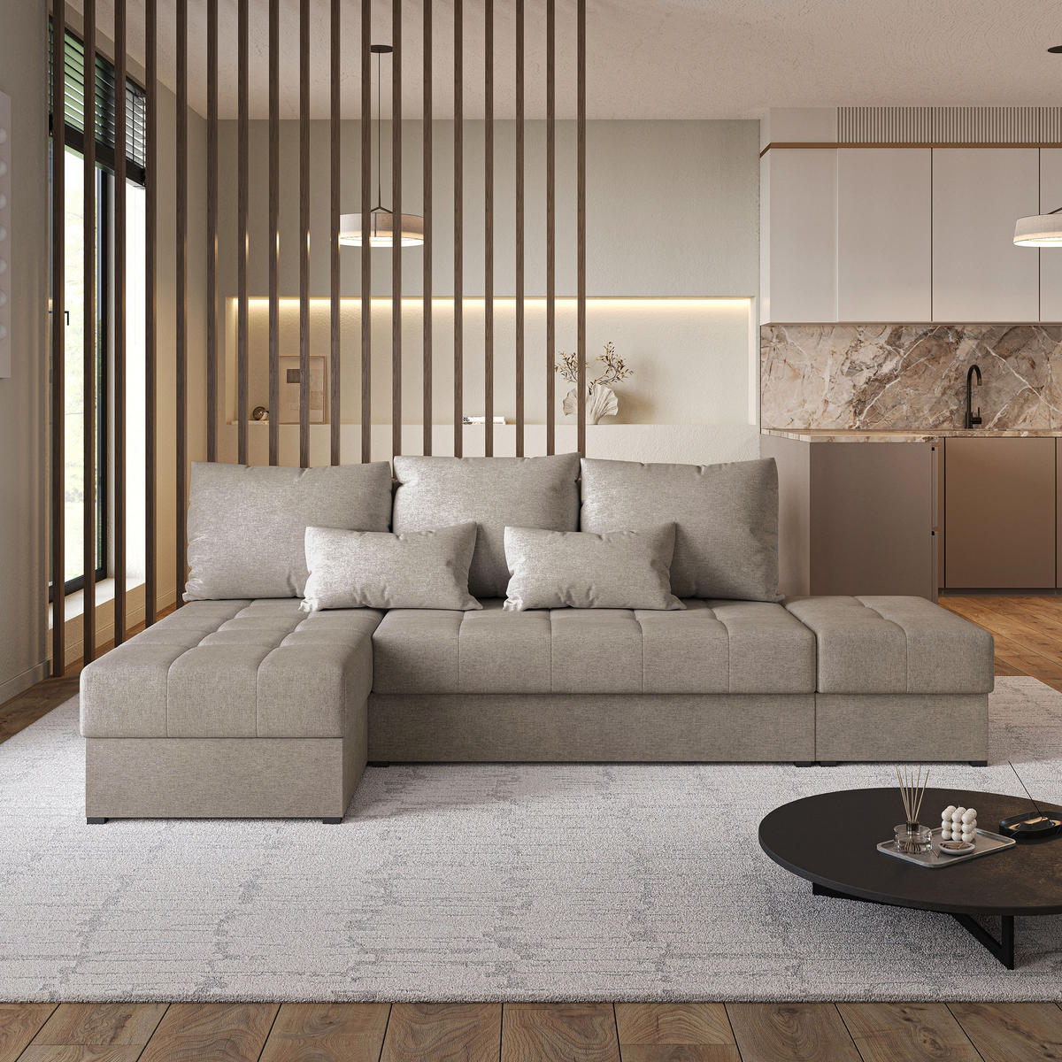 ECKSOFA NORVI Braun Geflochtener Stoff mit Schlaffunktion - Ecru, Holz (251/143cm) - MASSENO