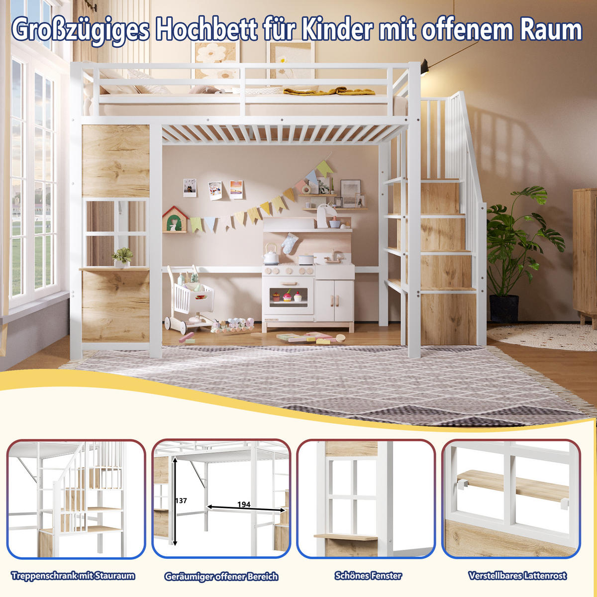 HOCHBETT 140/200 cm Weiß mit Stauraumtreppe und offener Stauraum - Weiß, Metall (140/200cm) - Oxeza