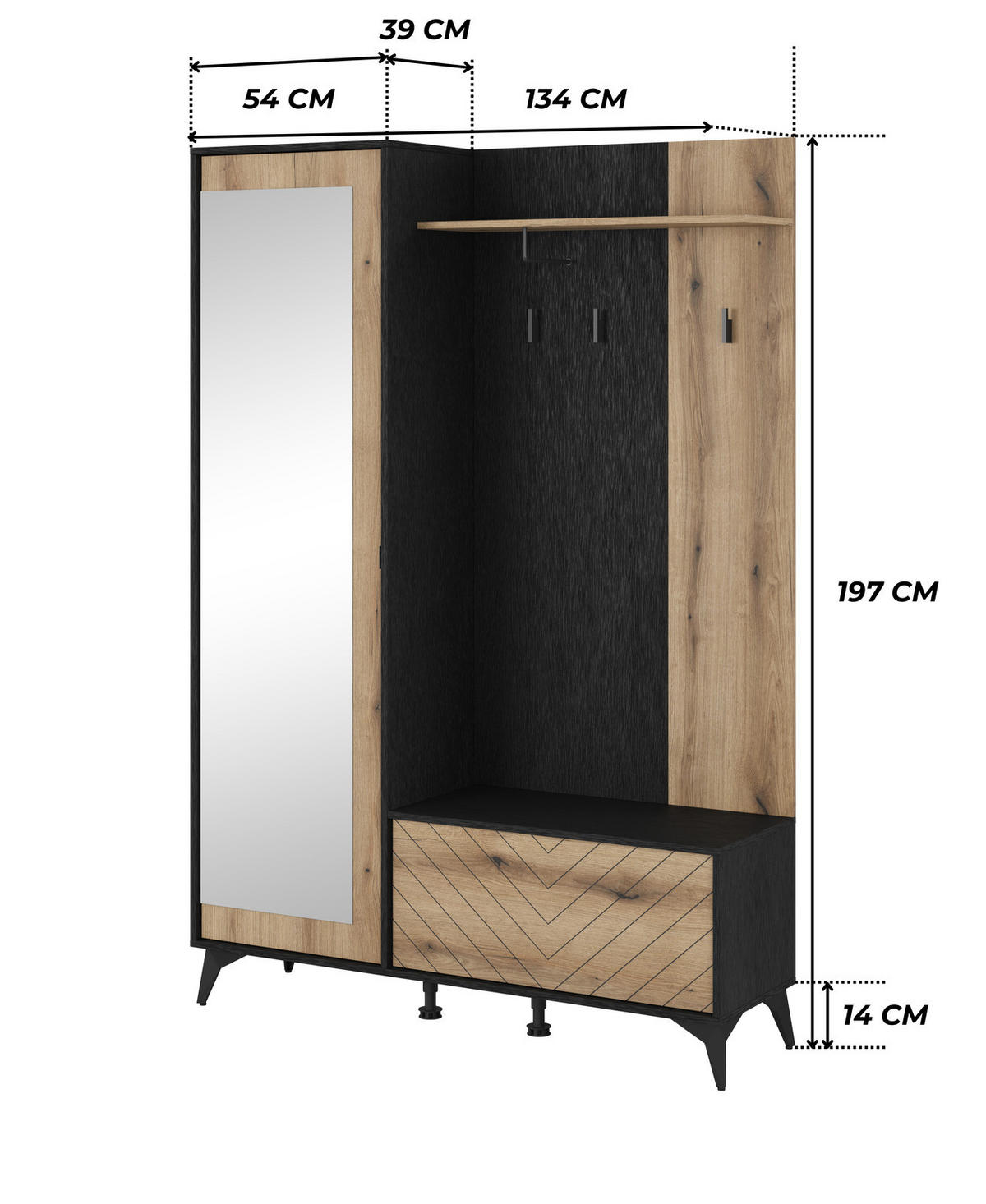 GARDEROBE DIAMOND 134 cm (Evoke Eiche, Schwarz, Spiegel, Gefräste Front, Metallfüße) - Eichefarben/Schwarz, Holz/Holzwerkstoff (131/192/40cm) - Ravio