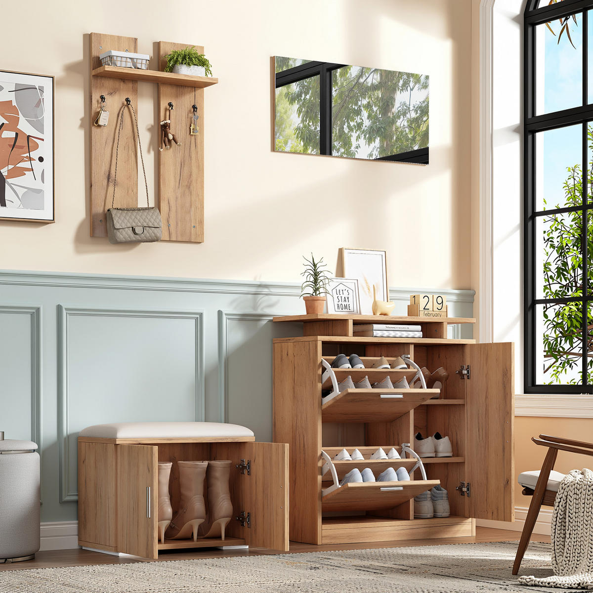 GARDEROBEN-SET 140 cm Natur – Flurmöbel mit Spiegel, Schuhbank & 5 Türen Modern - Naturfarben, Holzwerkstoff (140/133/35cm) - Urban Meuble