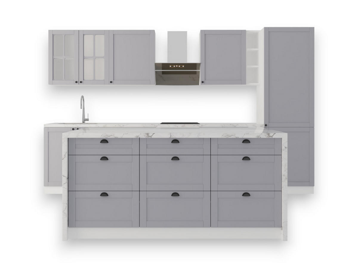 KÜCHENZEILE Mit Insel 340 cm - Linea K2-M340 - in Grau/Matt - Schwarz/Grau, Holz/Metall (340/212/60cm)
