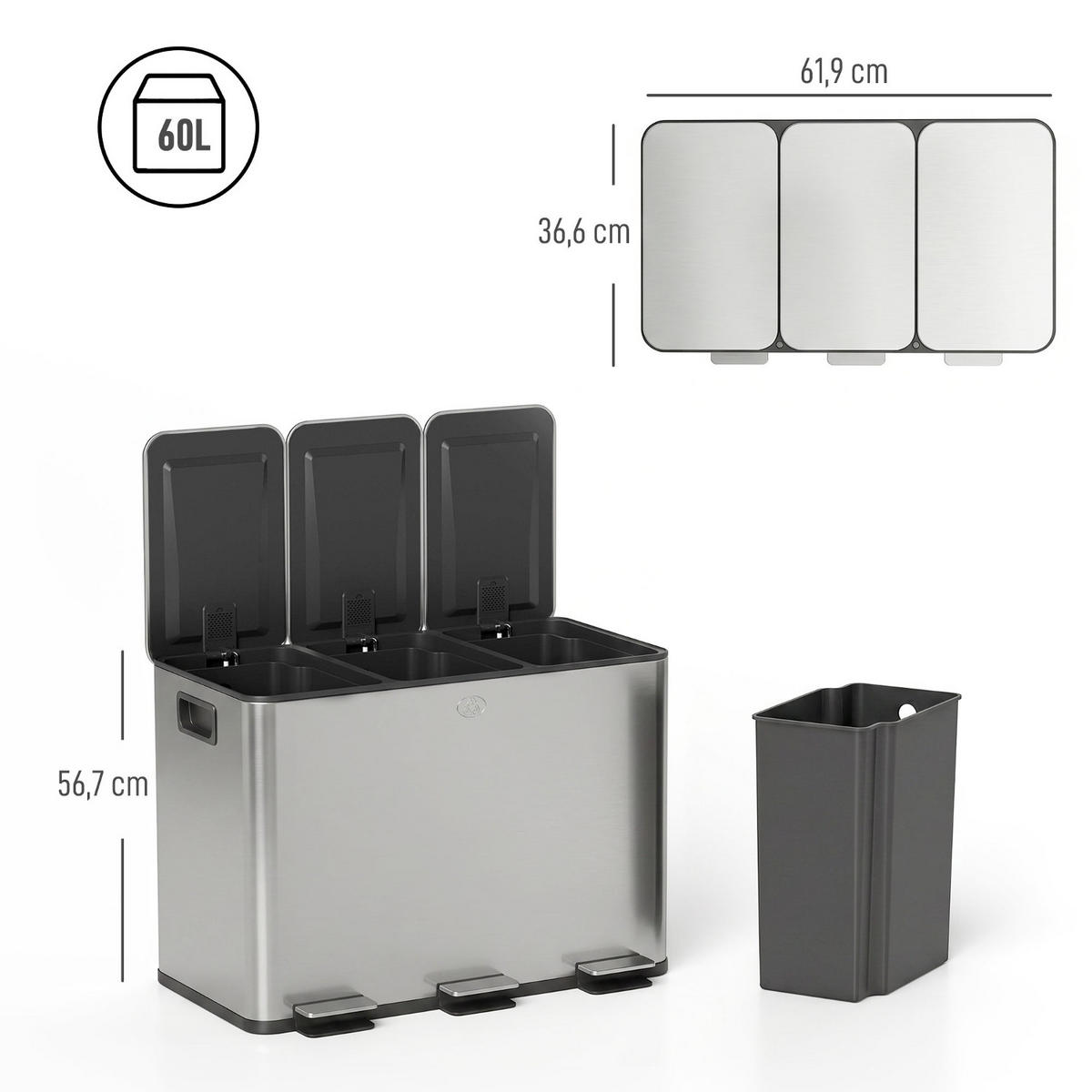 MÜLLTRENNSYSTEM 3 Fächer 61,9/56,7/36,6 cm Edelstahl Silber MIT ABSENKAUTOMATIK für die Küche - Silberfarben, Metall (36.6/56.7/61.9cm) - Rolipo