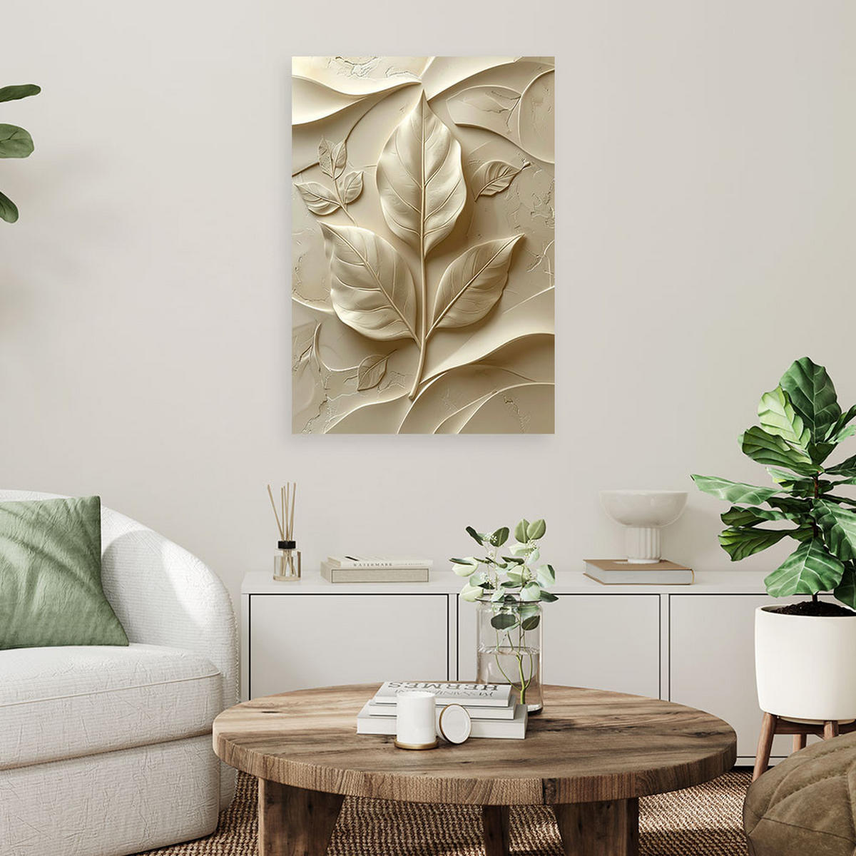 LEINWANDBILD, Weiße Blätter in Reliefkomposition - Beige, Textil (70/100cm) - Feeby