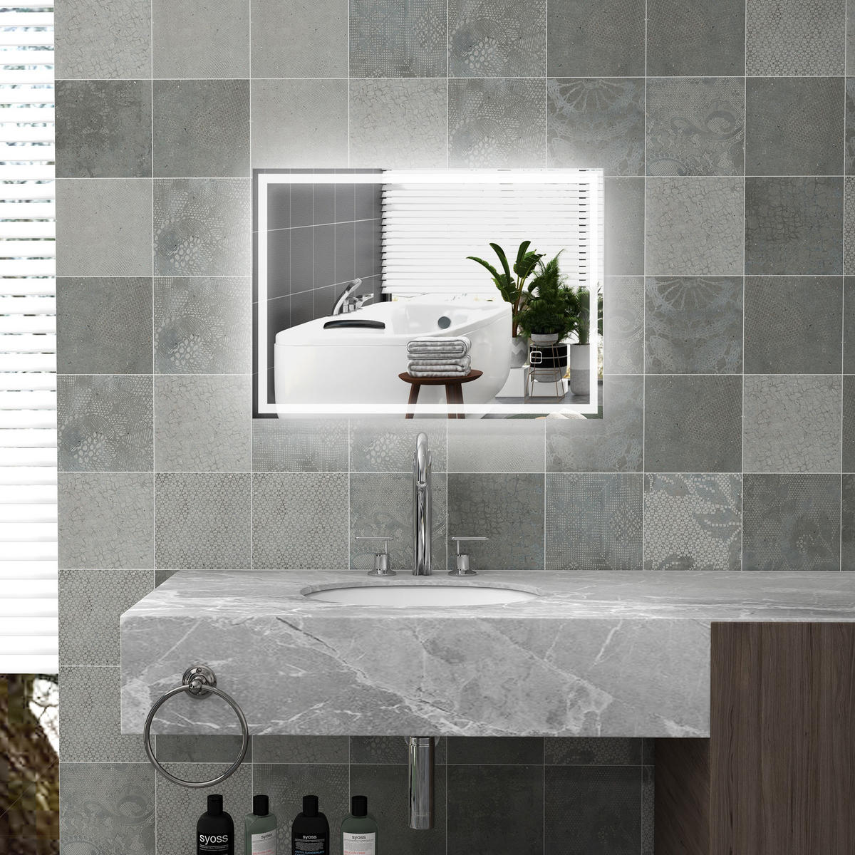 BADSPIEGEL, mit LED-Leuchte, 70 x 50 cm, beschlagfrei, mit Touchschalter, IP44 - Silberfarben, Glas (70/4/50cm) - HOMCOM