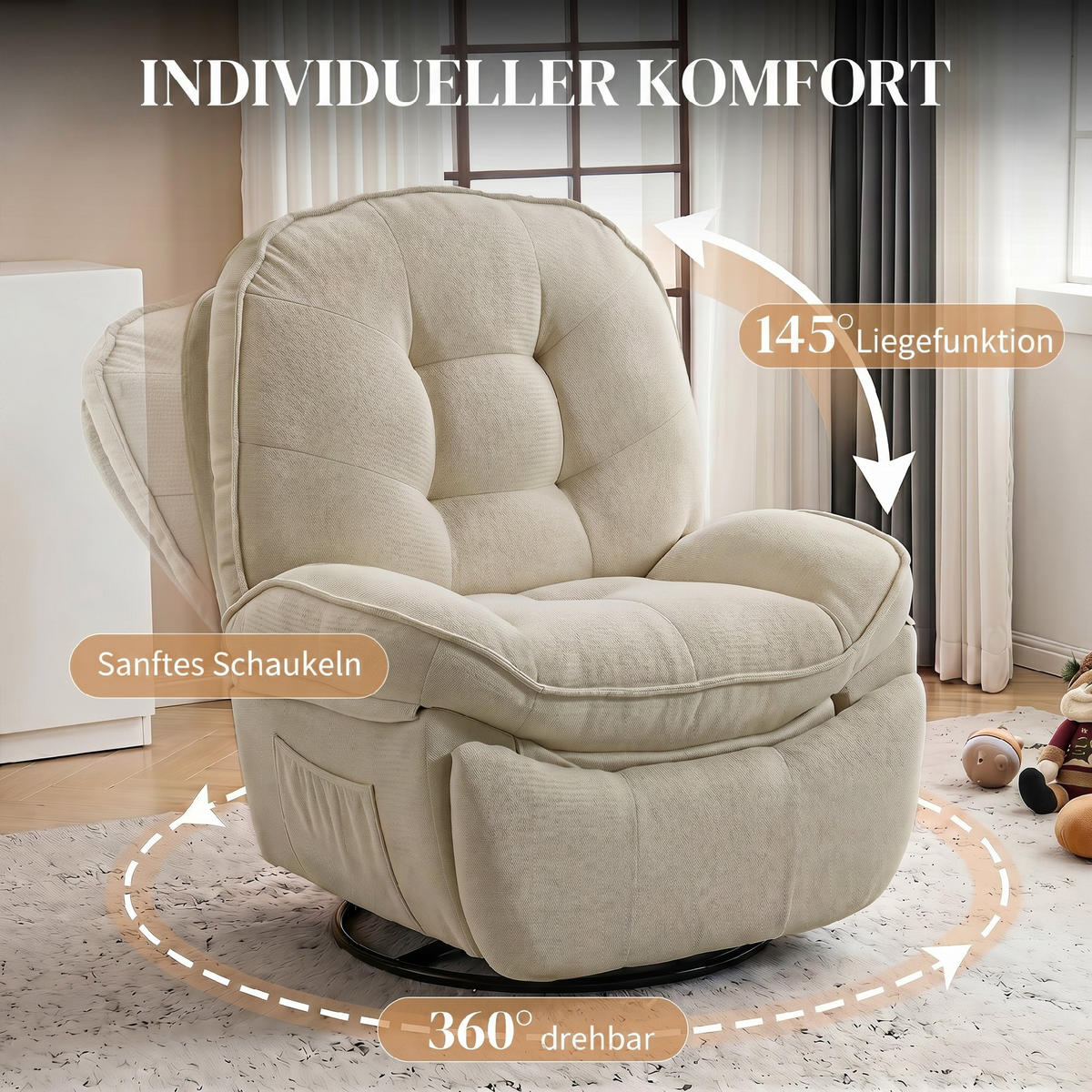 RELAXSESSEL Chenille (100% Polyester) Cremeweiß - Creme/Schwarz, Holzwerkstoff/Textil (94/104/95cm) - HOMCOM