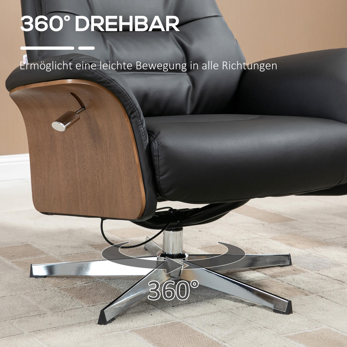 RELAXSESSEL mit Hocker, Fernsehsessel mit Liegefunktion Ruhesessel, TV-Sessel - Silberfarben/Schwarz, Leder/Metall (84/108/80cm) - HOMCOM