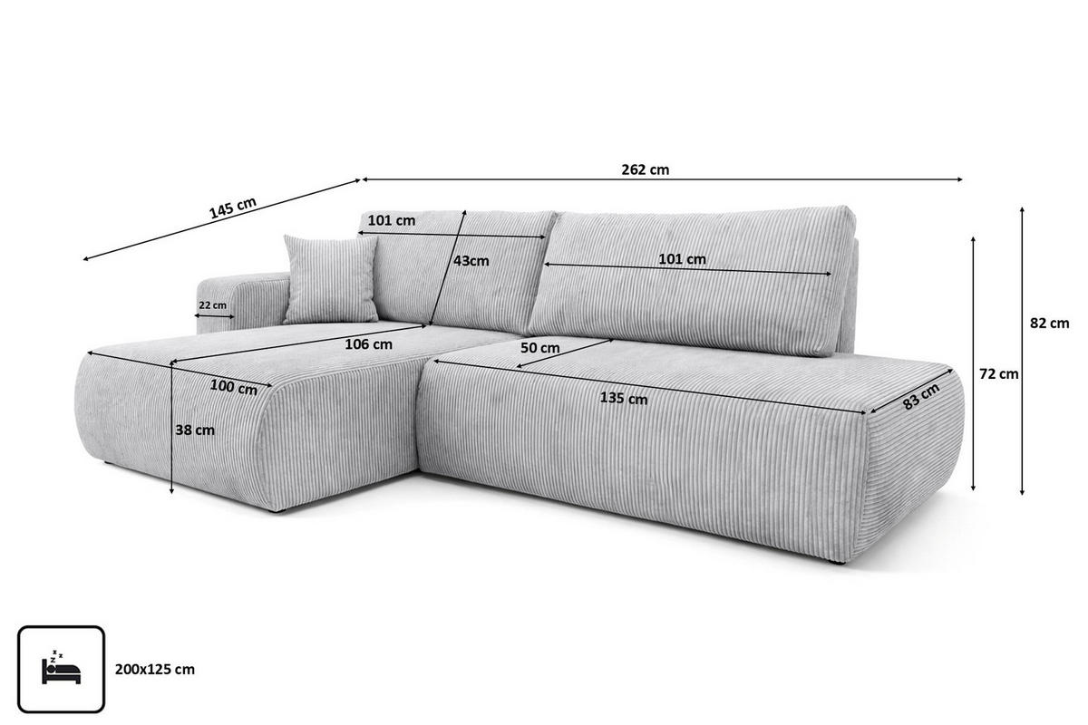 ECKSOFA Mit Schlaffunktion Und Bettkasten, Cordstoff Poso, Hellgrau, Links, OPEN XL - Hellgrau, Holz (262/145cm) - Kaiser Möbel
