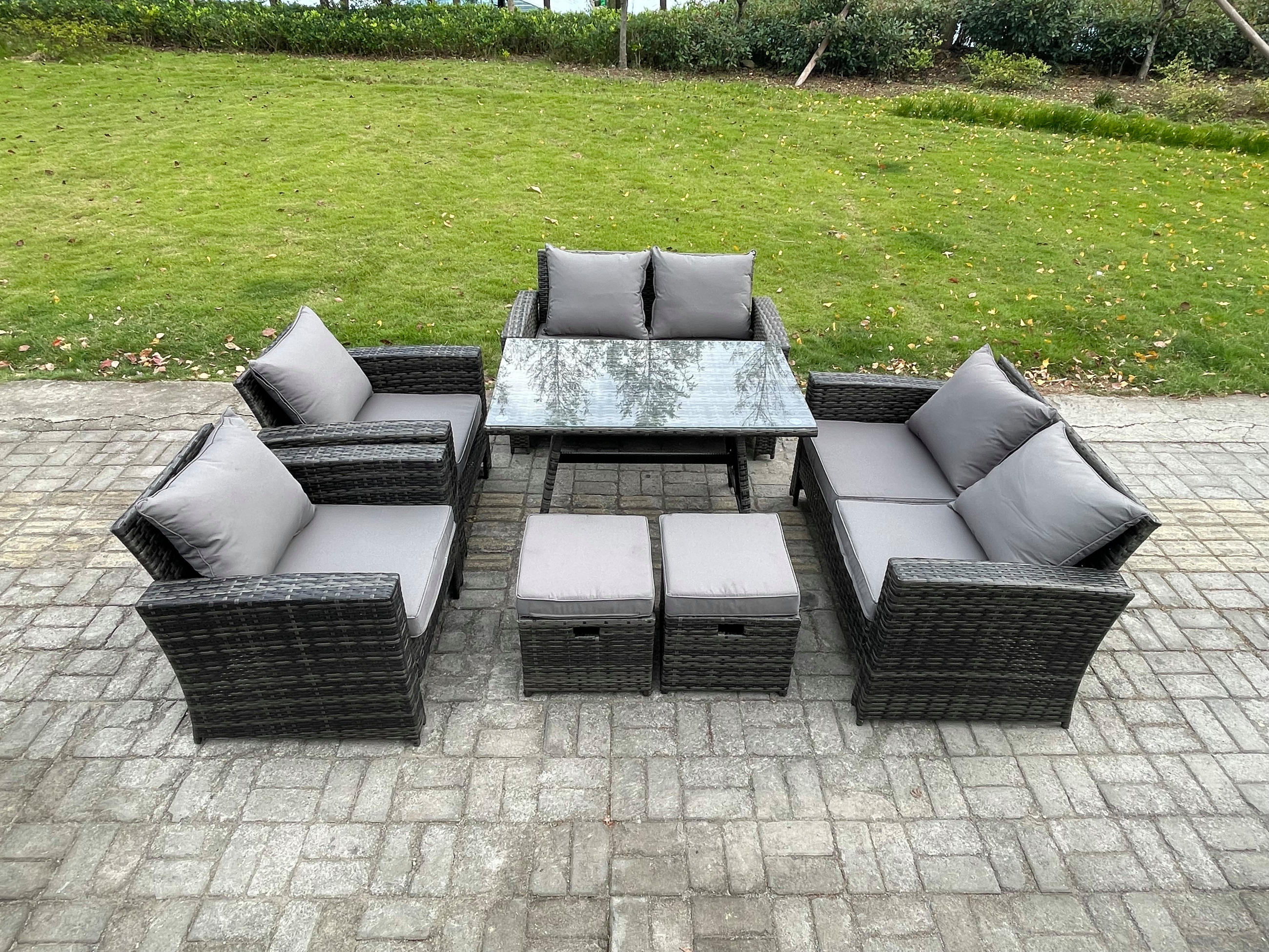 GARTENMÖBELSET mit ESSTISCH,HOCHLEHNER-SOFA Polyrattan Dunkelgrauer Mix 8-Sitzer - Dunkelgrau/Grau, Glas/Kunststoff - Fimous