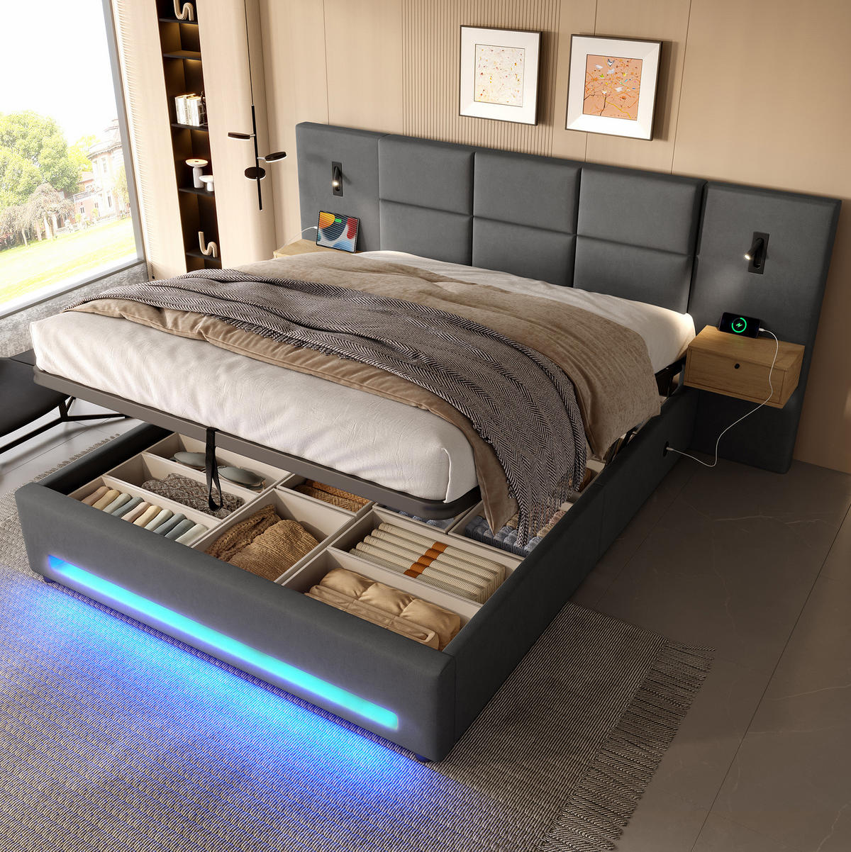 BETT mit Stauraum 180x200 cm Samt Dunkelgrau mit USB-C und LED - Dunkelgrau, Metall (180/200cm) - Meubliv