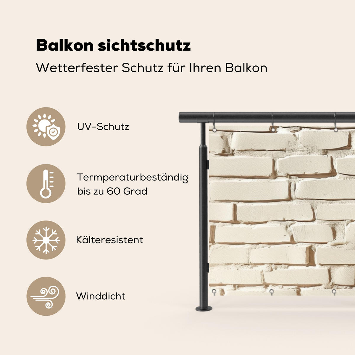 BALKON-SICHTSCHUTZ Ziegel - Wand - Licht - Weiß - Creme, Kunststoff (300/110cm) - MuchoWow