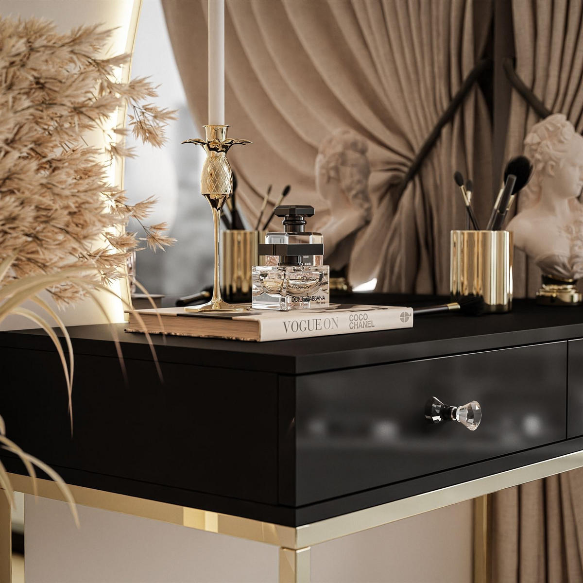SCHMINKTISCH schwarz QUINNIE mit LED-Spiegel gold Chrom links Griff Kristall - Goldfarben/Schwarz, Holzwerkstoff (100/176/42cm) - Lookway