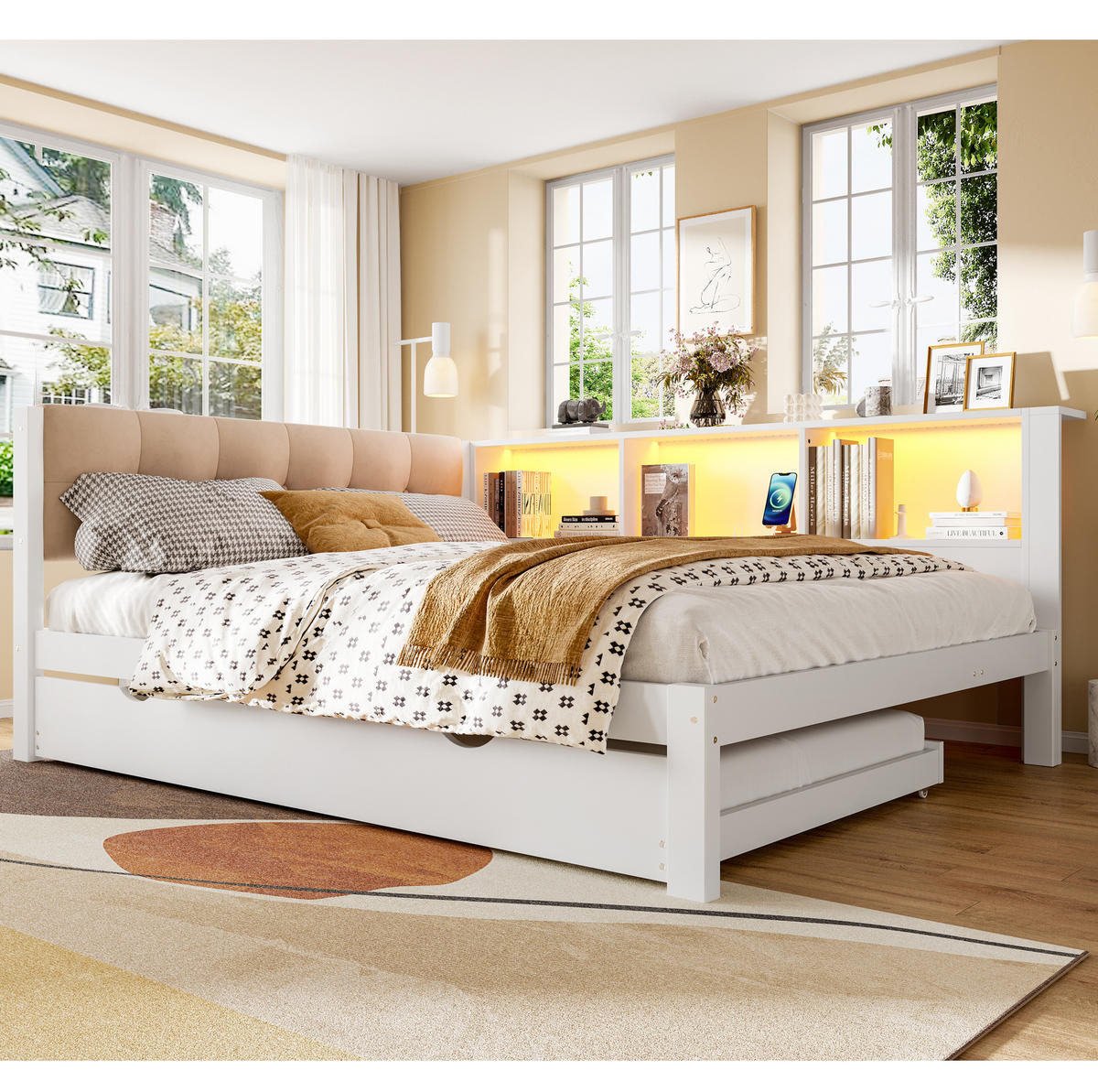 POLSTERBETT 140/200 cm mit Ausziehbett, LED-Beleuchtung, USB-Anschluss und Regal, Kiefer massiv/MDF, Weiß - Weiß, Holz (140/200cm) - Redom
