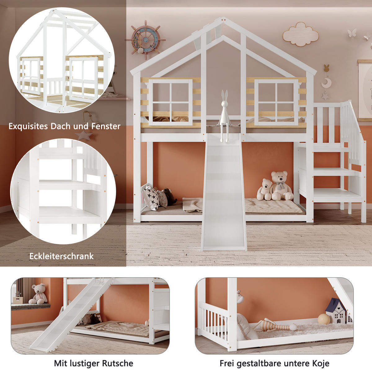 ETAGENBETT 90/200 cm in Weiß & Natur mit Rutsche, Fenster und Treppe Massivholz Blockhaus-Design - Weiß, Holz (90/200cm) - STILVORA