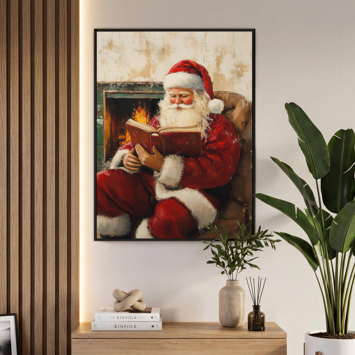 LEINWAND Bilder mit Rahmen - Weihnachten - Weihnachtsmann - Winter - Open Fireside - 70x100 - Dunkelrot, Textil (70/100cm) - MuchoWow