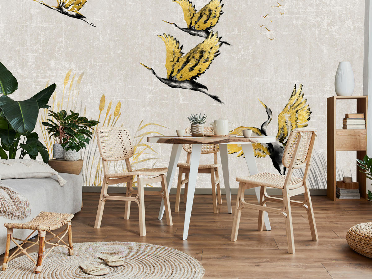 FOTOTAPETE Vögel Pflanzen Beton Abstraktion 150x105 - Gelb/Beige, Papier (150/105cm) - Muralo