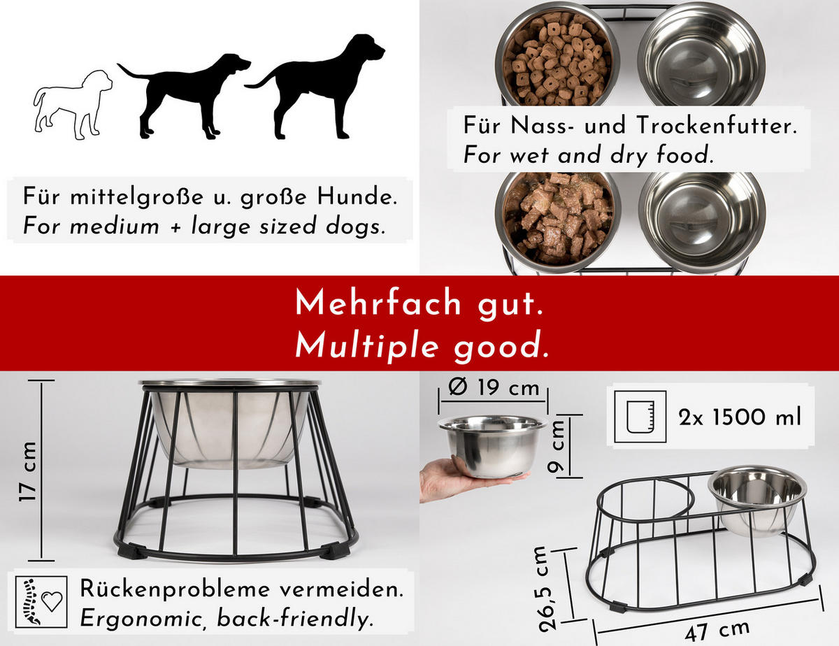 HUNDENAPF erhöht für mittelgroße/große Hunde mit Ständer, rutschfest aus Edelstahl - Silberfarben, Metall (1cm) - WONDERMAKE