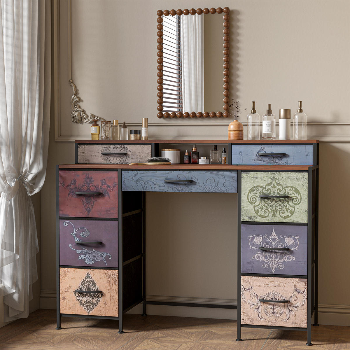 FRISIERTISCH Vintage-Kommode, Stoffschubladen, Schrank mit vier Ebenen, Schminktisch für Schlafzimmer, Beistelltisch für Wohnzimmer - Multicolor, Holz (40/91.2/121cm) - WoodenAura