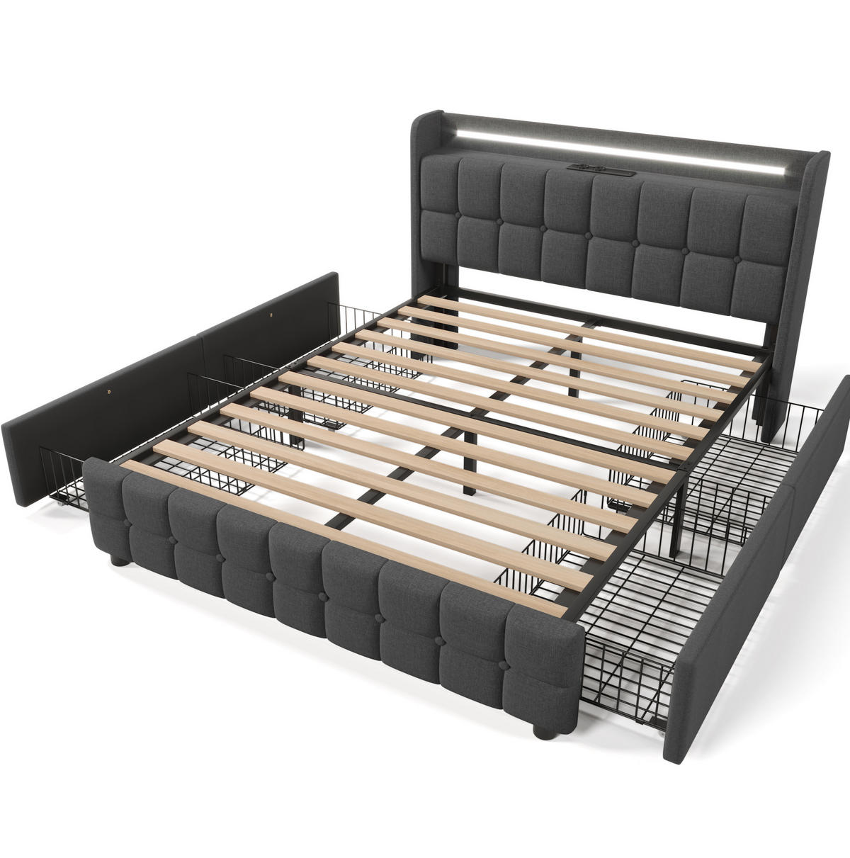 POLSTERBETT 160/200 cm mit LED-Beleuchtung, USB-Anschlüssen, Steckdosen und 4 Schubladen, Grau - Grau, Holz (160/160cm) - Redom