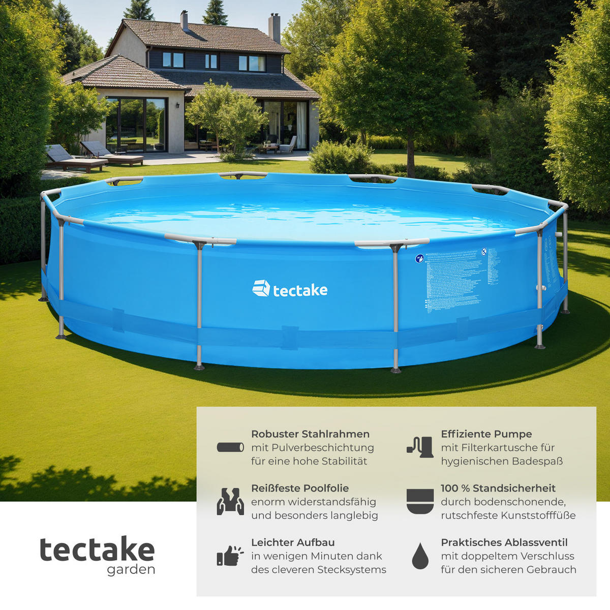 SWIMMING POOL Summertime,360 x 76 cm,blau - Blau, Metall (360/76/360cm) - tectake