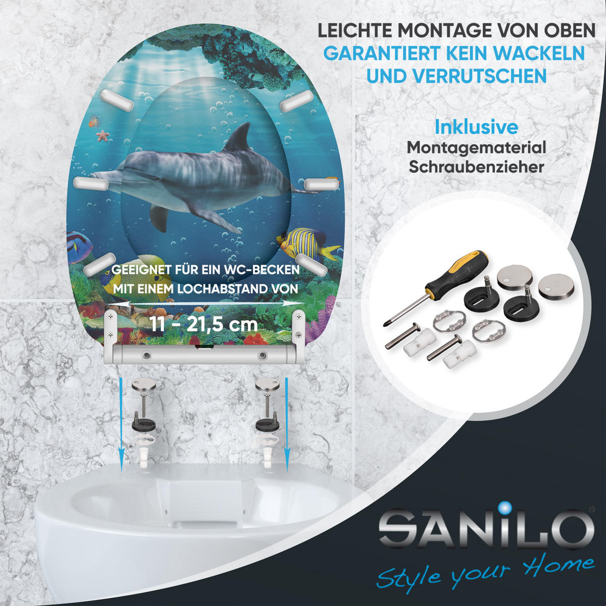 WC-SITZ Absenkautomatik Delphin Korallen - Blau, Holzwerkstoff (37.7/5.5/48cm) - Sanilo