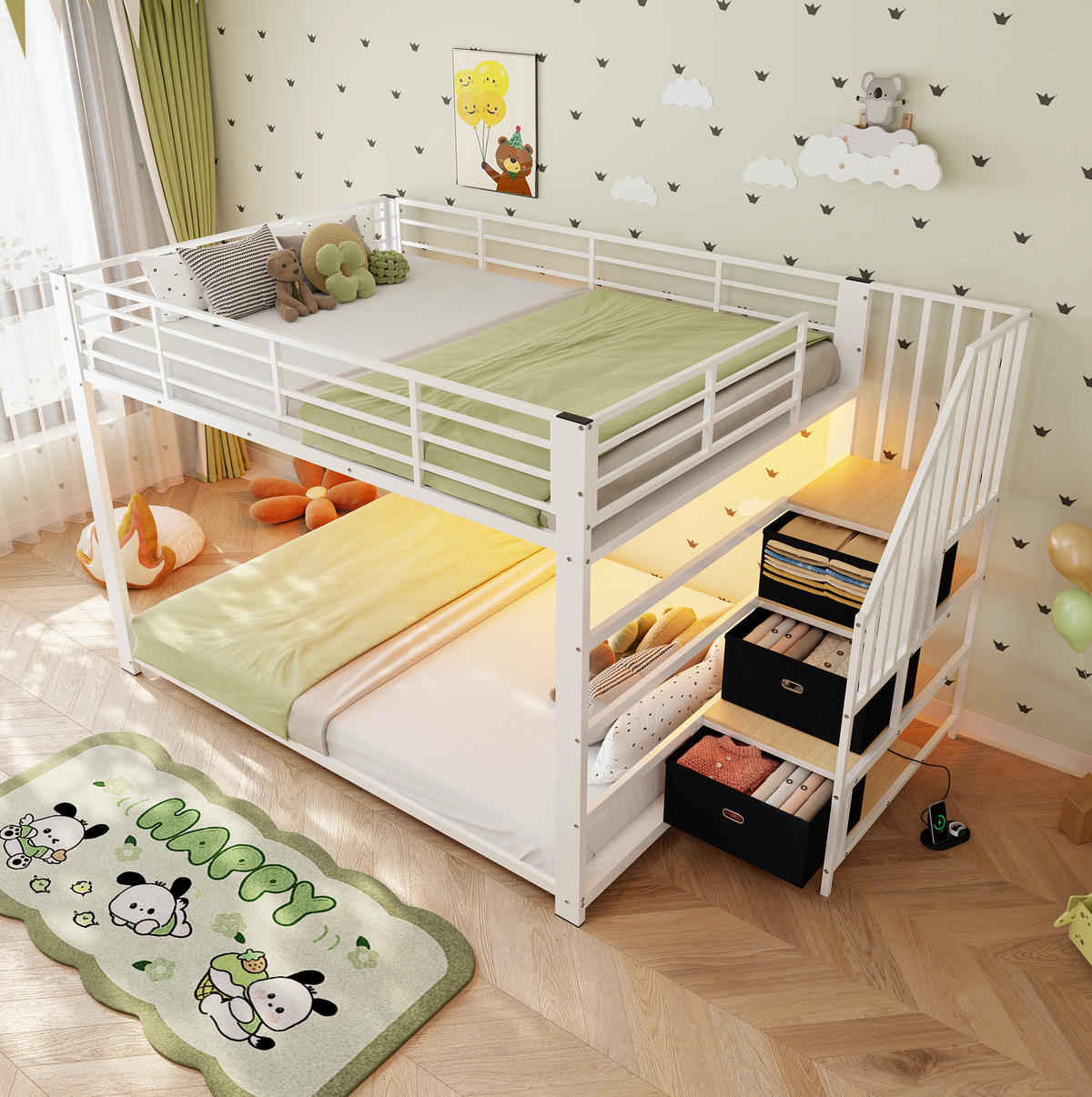 ETAGENBETT aus MDF und Metall 140x200 cm Weiß/Walnuss mit Stauraumtreppe, LED und USB-Anschlüssen - Weiß, Holzwerkstoff (140/200cm) - Modfu