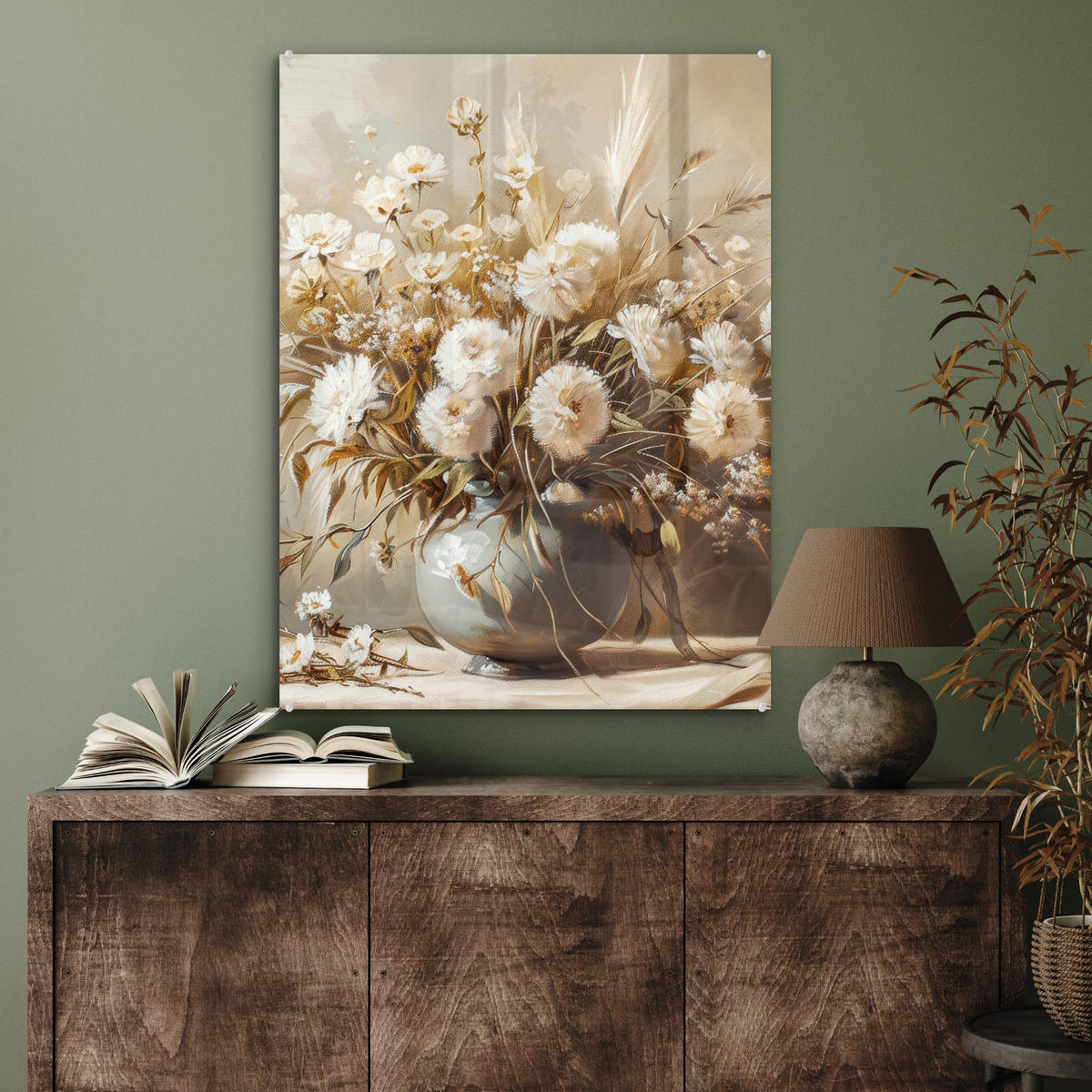 ACRYLGLASBILD Blumen - Vase - Stilleben - Beige 60x80 cm - Creme, Glas (60/80cm) - MuchoWow