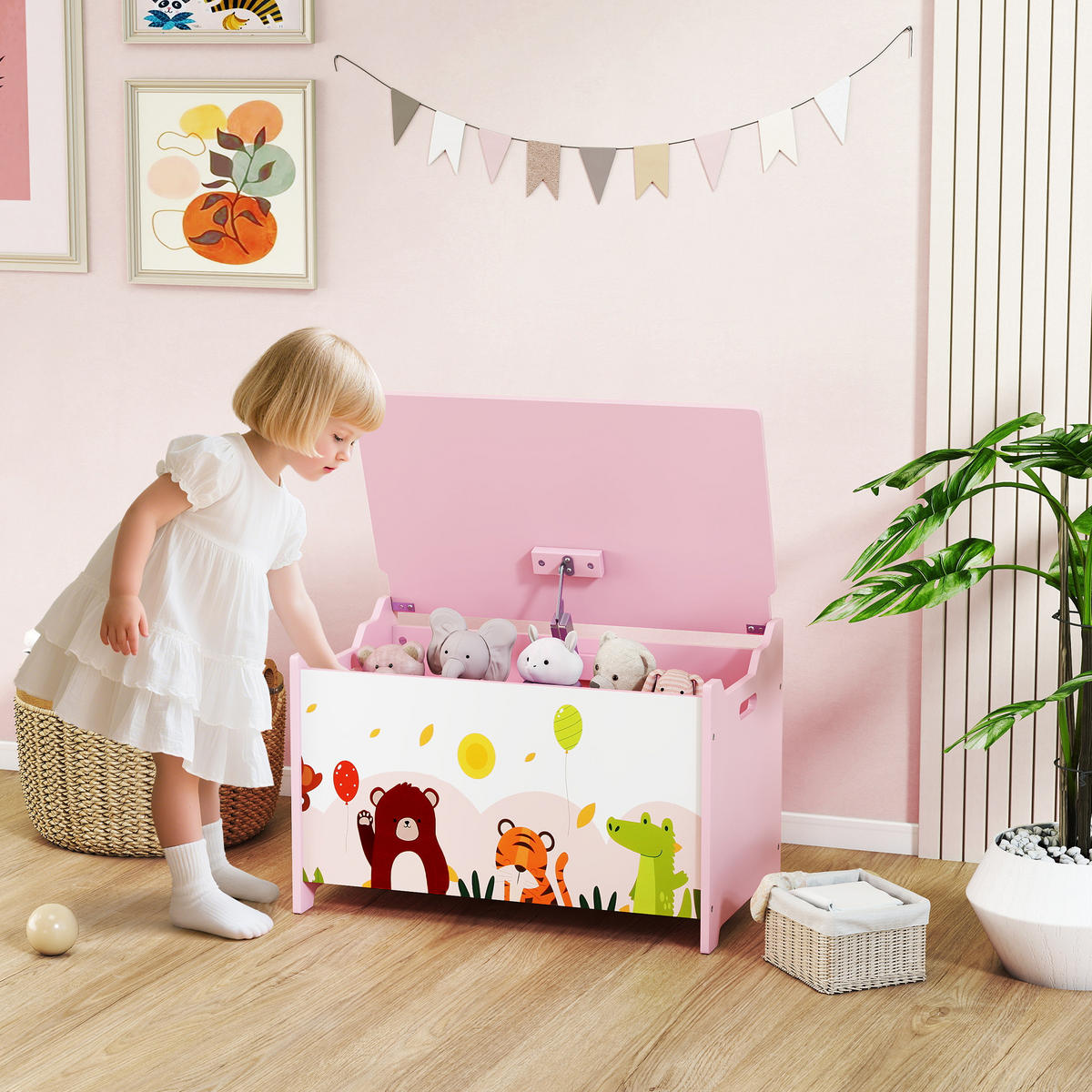 SPIELZEUGTRUHE DE-17271 klappbarer Deckel mit Tiermotiv Rosa - Pink, Holzwerkstoff (37/60cm) - ComfortXL