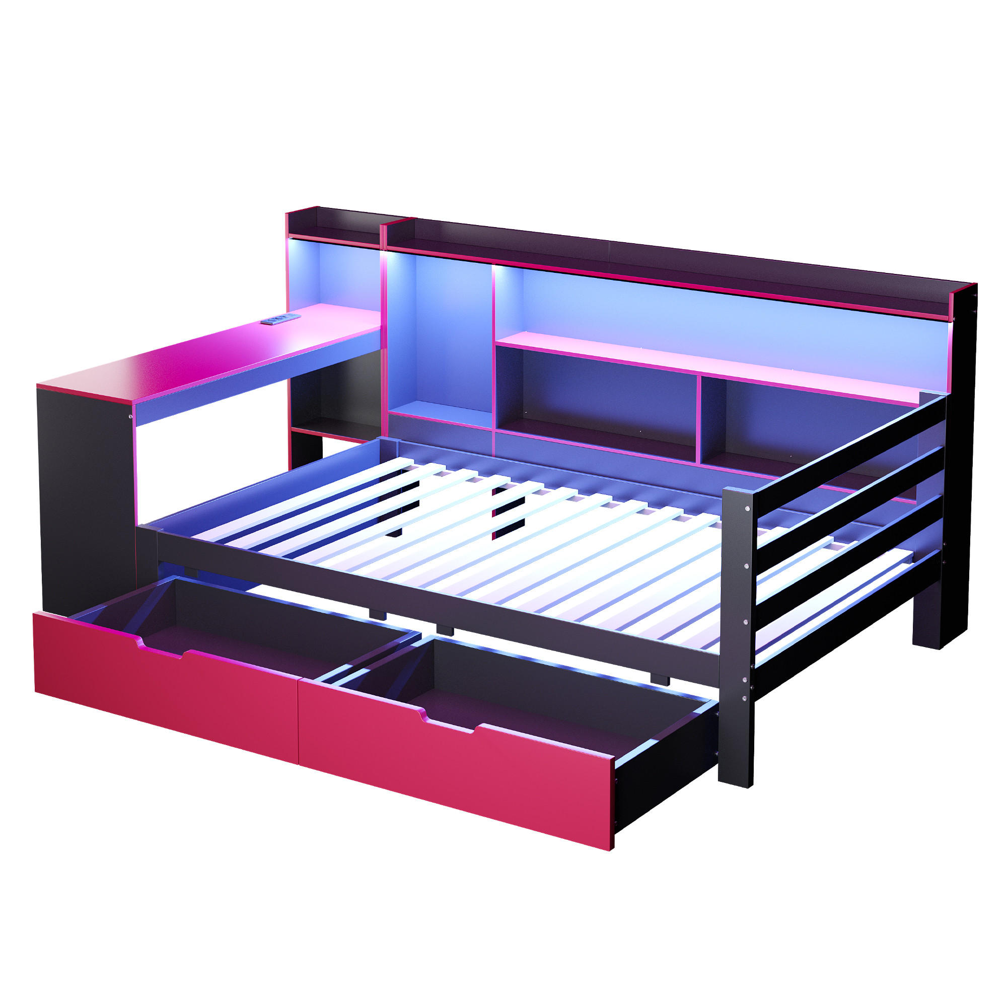 KINDERBETT 90/200 cm DE-01551, in Schwarz + Rot, mit Schreibtisch, Bücherregal und LED - Rot, Holz (90/200cm) - ComfortXL