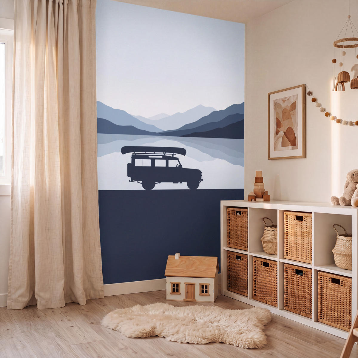 KINDERTAPETE - Auto - See - Berge - Blau - 160x240 cm - Blaugrau, Papier (160/240cm) - OnlyWow