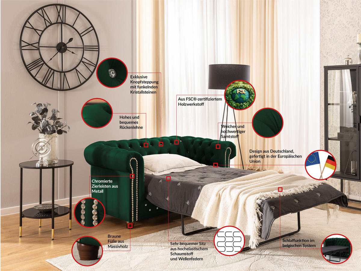 CHESTERFIELD-SOFA 2-Sitzer mit Schlaffunktion Cleo Blink Flasche Grün Samt mit Kristallsteppung und braunen Massivholzfüßen - Braun/Grün, Holz/Textil (148/72/86cm) - S-Style Möbel
