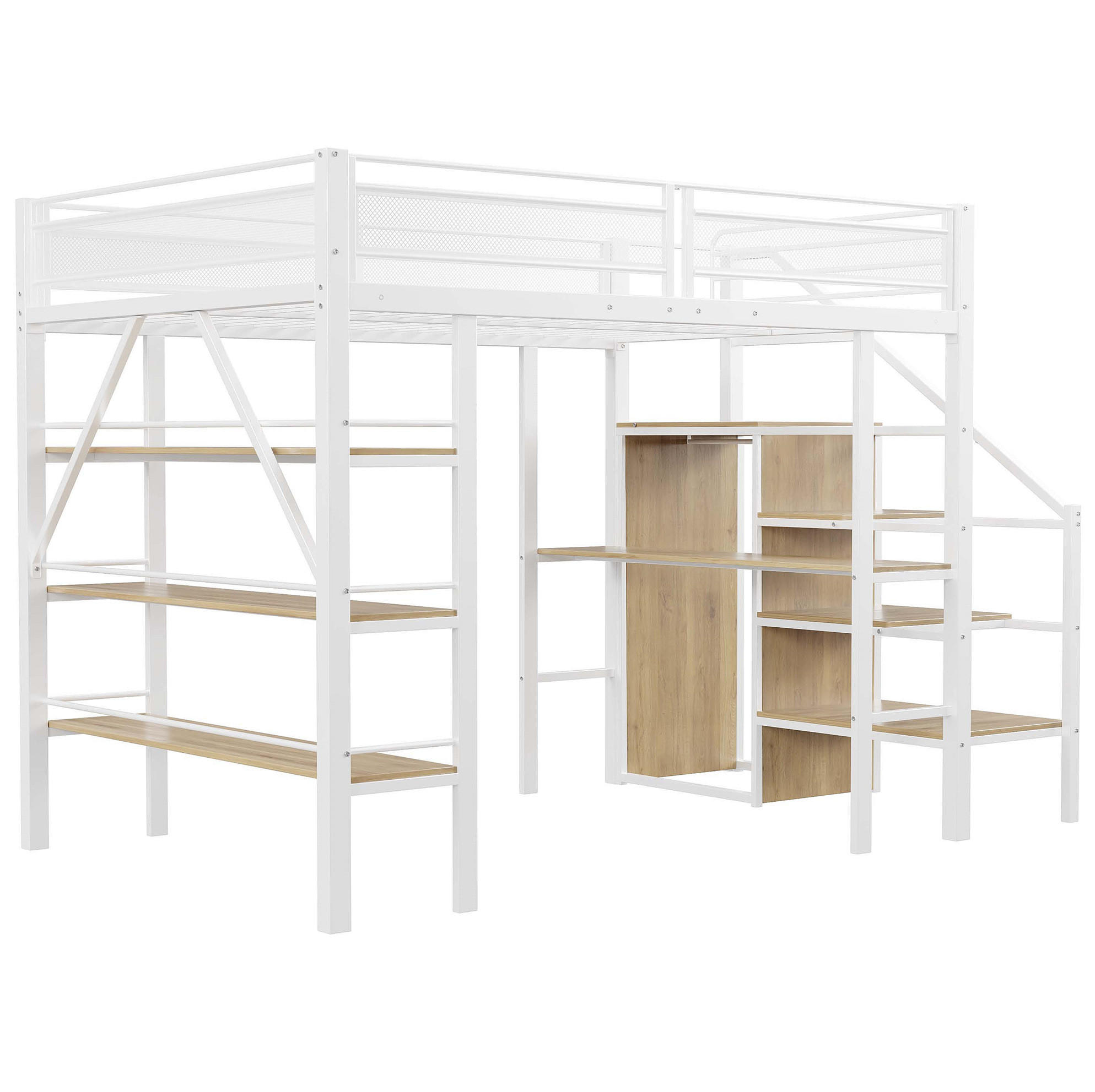 HOCHBETT 140/200 cm in Weiß mit Schreibtisch, Regal, Kleiderschrank und Treppe - Weiß, Metall (140/200cm) - Flora Grace